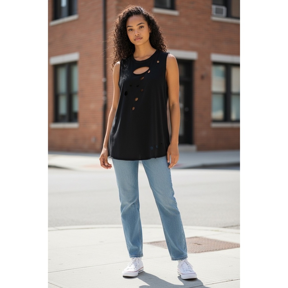 Ezra Womens Black Distressed Cutout Sleeveless Tank Top Raw Hem Edgy Grunge M